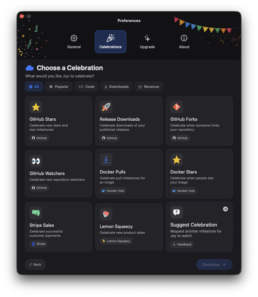 Joy's Celebrations picker showing GitHub Stars, Release Downloads, Docker Pulls, Stripe Sales, and Lemon Squeezy options