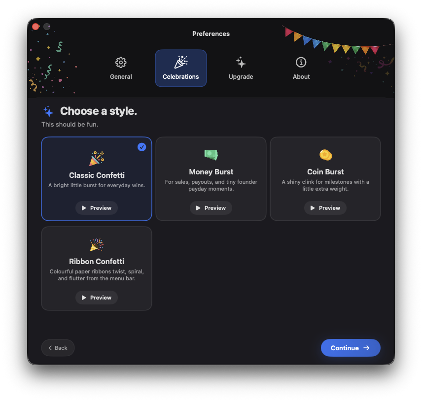 Joy's celebration style picker with Classic Confetti, Money Burst, Coin Burst, and Ribbon Confetti previews