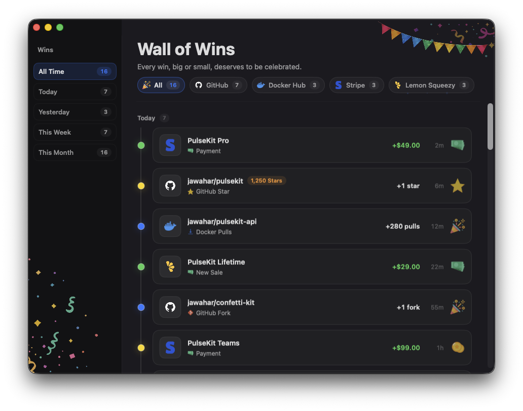 Joy's Wall of Wins showing a timeline of GitHub stars, forks, Docker pulls, and Stripe sales, filterable by source and time range